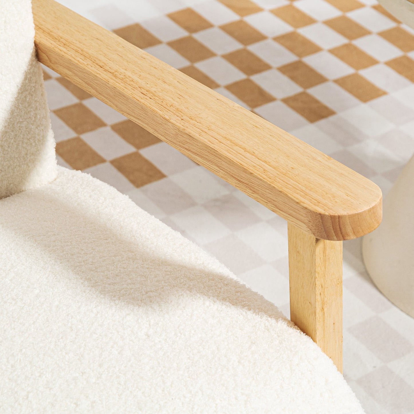 Cream Sherpa Lounge Chair, Padded, Wood Legs, 120kg Capacity