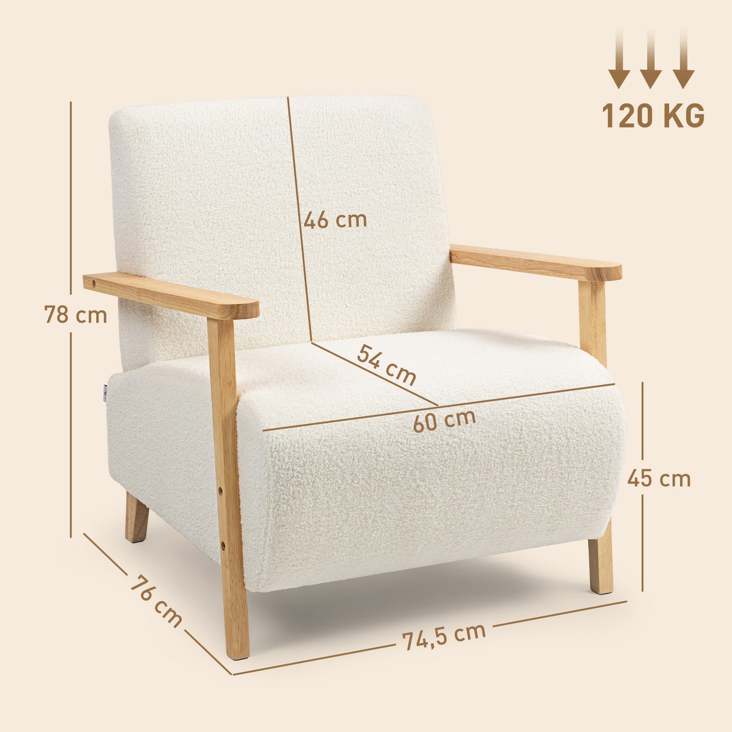 Cream Sherpa Lounge Chair, Padded, Wood Legs, 120kg Capacity