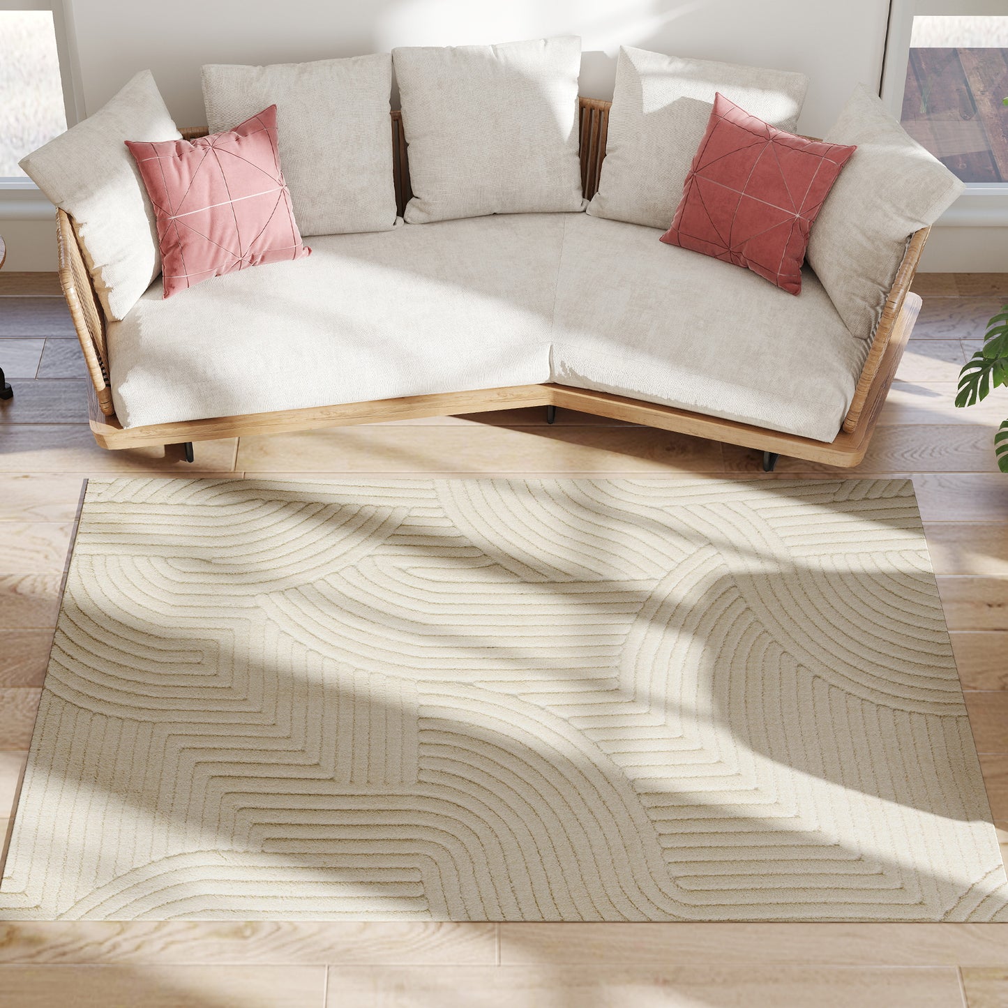 Cream White Area Rug, 15mm Pile, Non-Slip, 200x140 cm