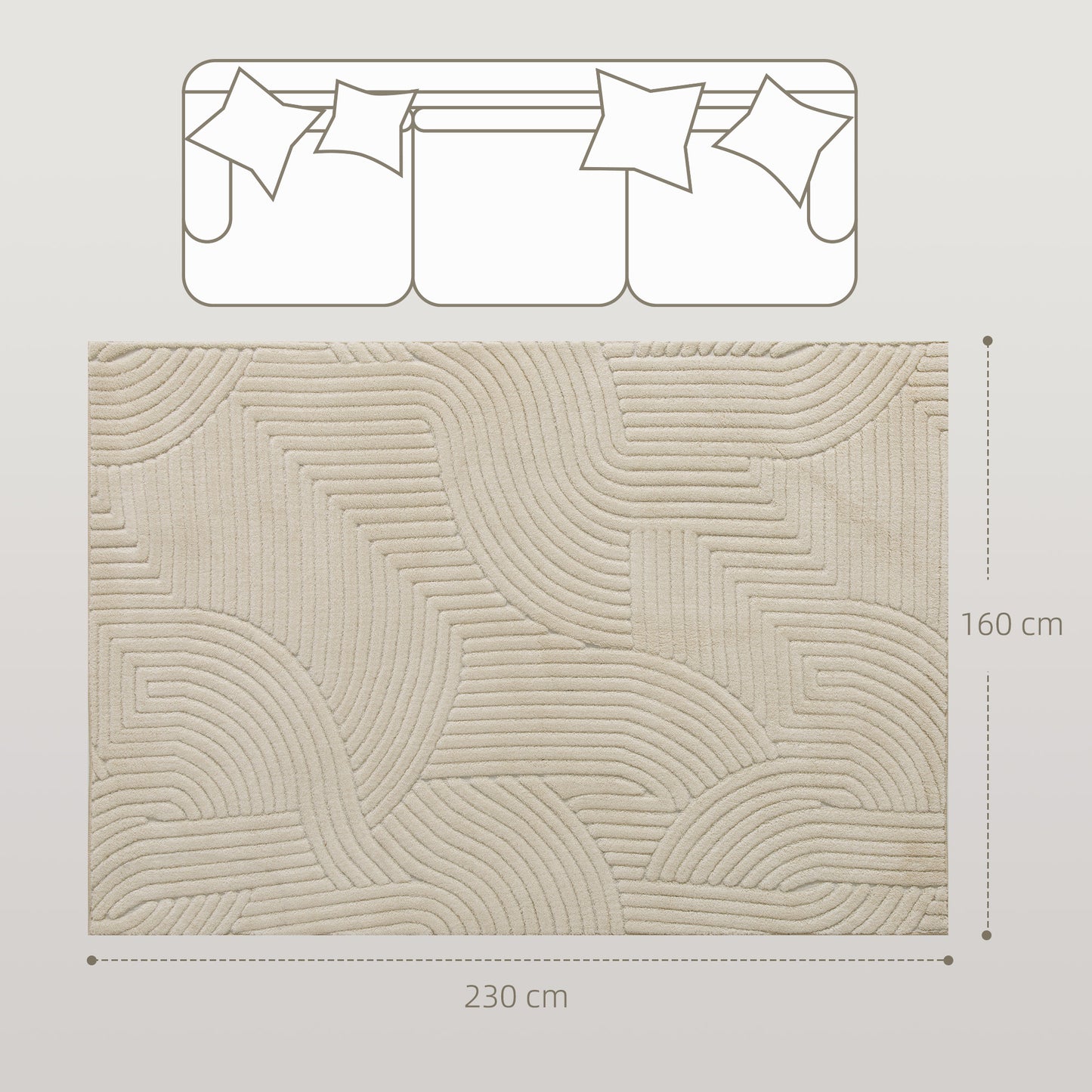 Cream White Area Rug, 15mm Pile, Non-Slip, 230x160 cm