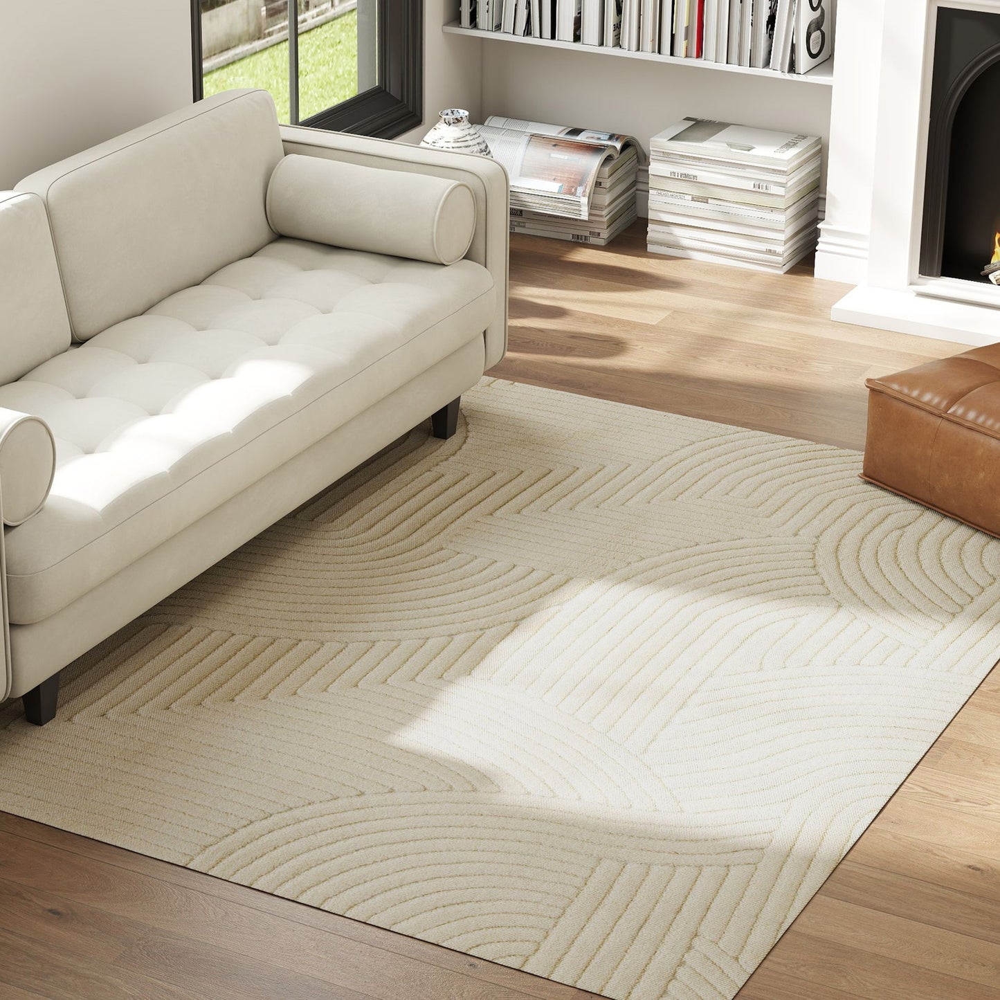 Cream White Area Rug, 15mm Pile, Non-Slip, 230x160 cm