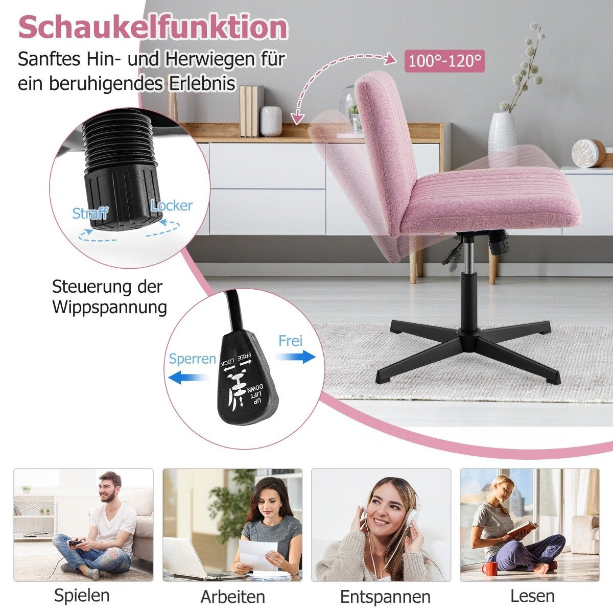 Cross-legged chair without armrests swivel chair with wide seat desk chair pink