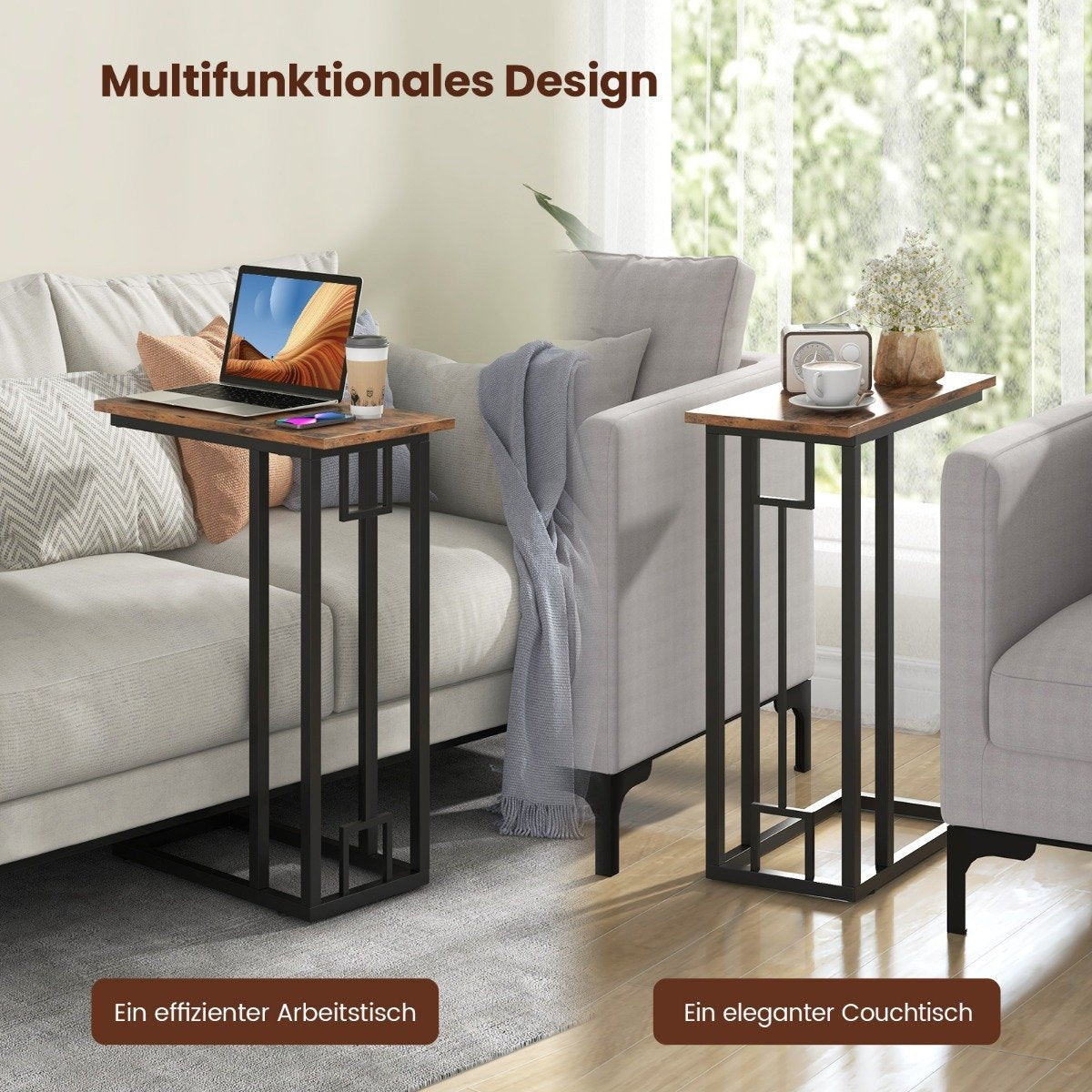 C-shaped side table compact sofa table for small spaces coffee table with metal frame 48 x 26 x 66 cm
