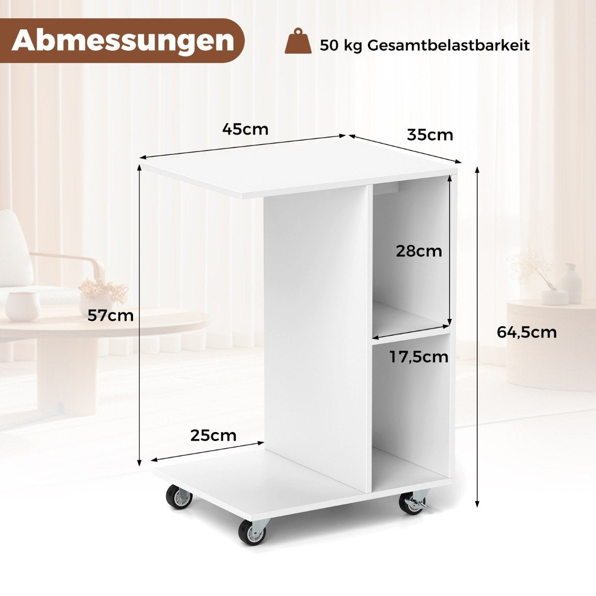 C-shaped side table, narrow side table with shelves, mobile bedside table for living room, white