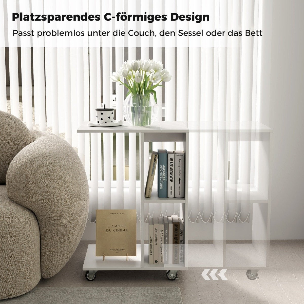 C-shaped side table, narrow side table with shelves, mobile bedside table for living room, white