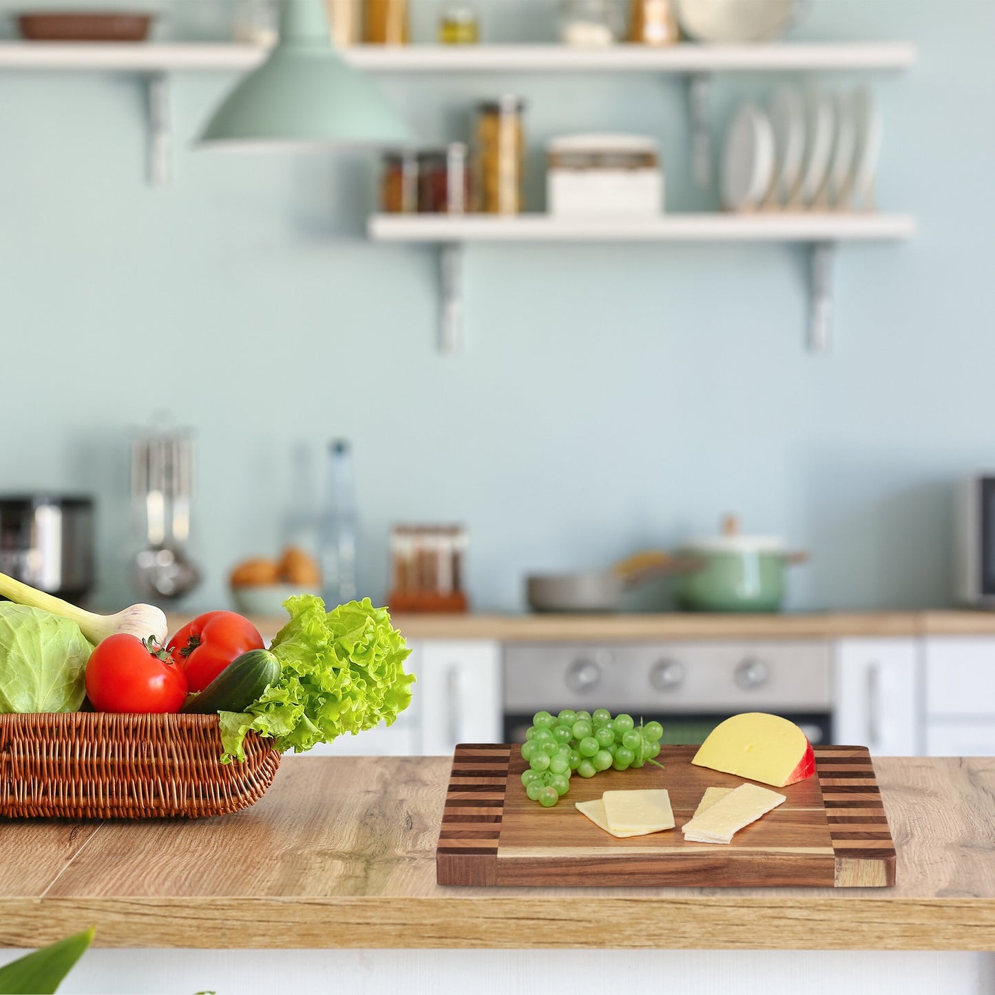 <p>Large serving platter crafted from acacia wood offers durability and elegance, perfect for cutting and serving. Its knife-friendly, antibacterial surface ensures safe and stylish kitchen use.</p>
<ul>
<li>Experience durability with solid acacia wood c