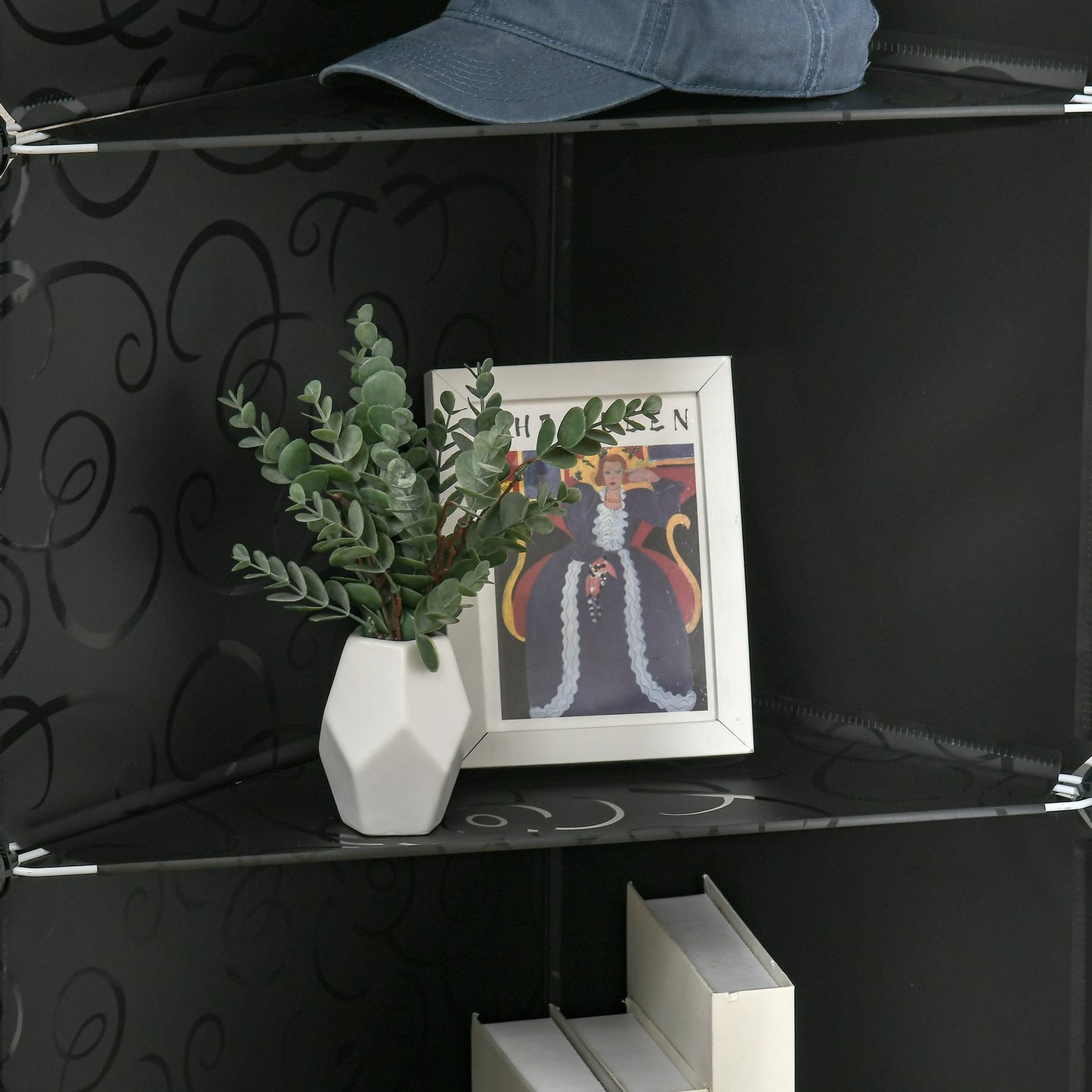 Modular wardrobe shelving system with 16 cubes and 2 rods