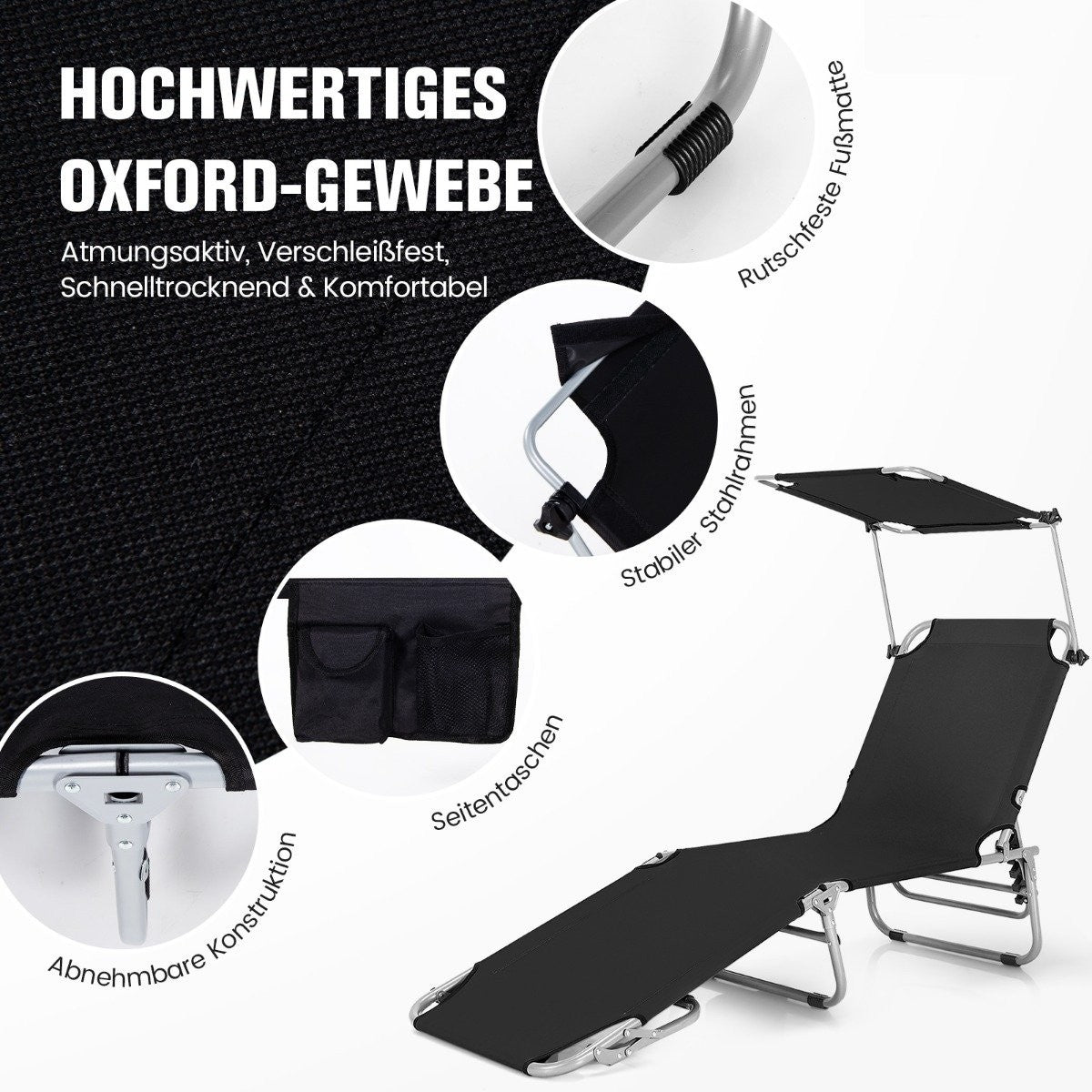 Deck Chair Folding Beach Lounger for Outdoor Black