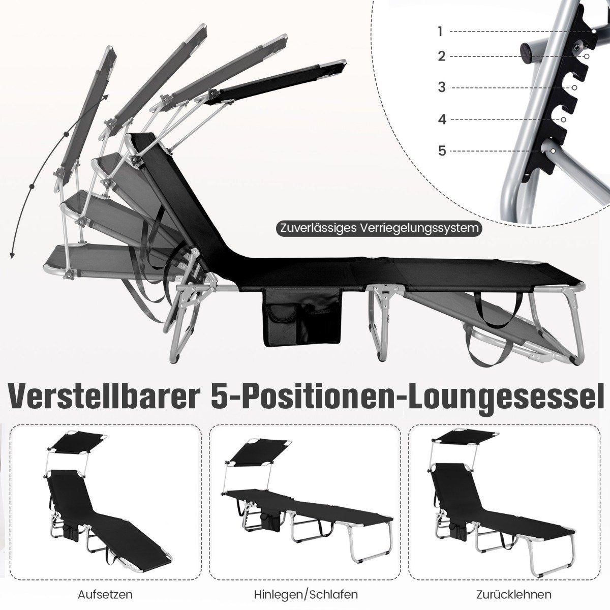 Deck Chair Folding Beach Lounger for Outdoor Black