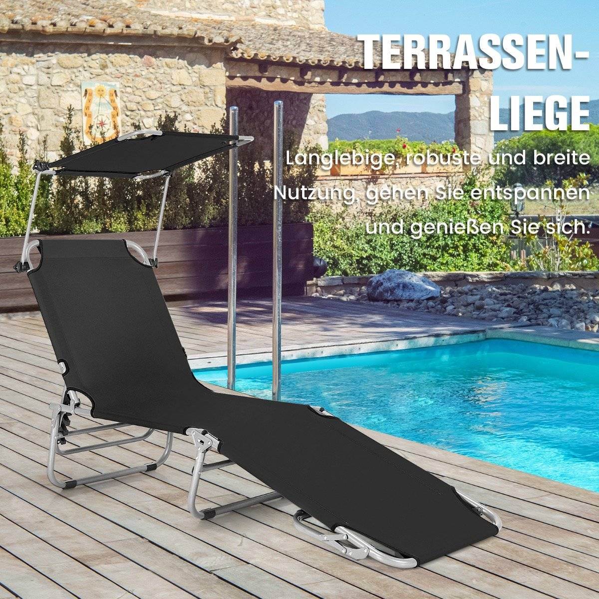 Deck Chair Folding Beach Lounger for Outdoor Black
