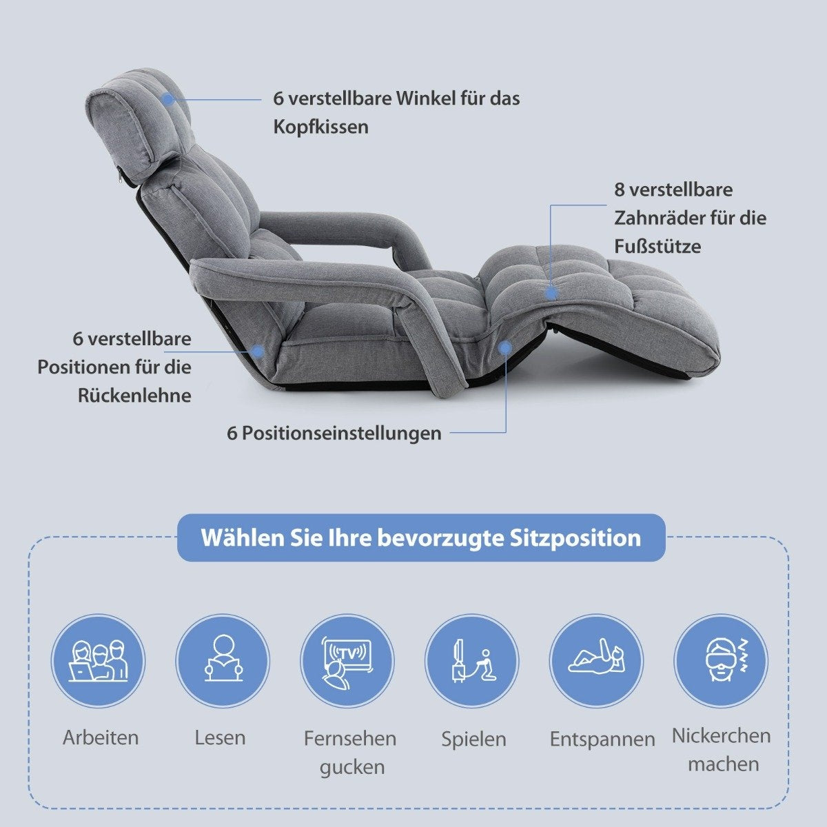 Deck Chair Folding Sofa Bed with 6 Adjustable Positions 72 x 61 x 46.5 cm Gray