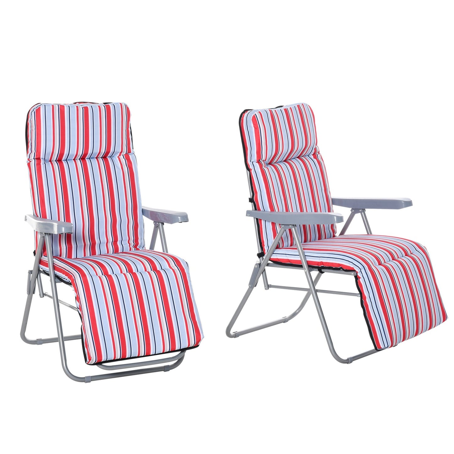 Set of 2 red folding sun loungers with cushions and adjustable backrest