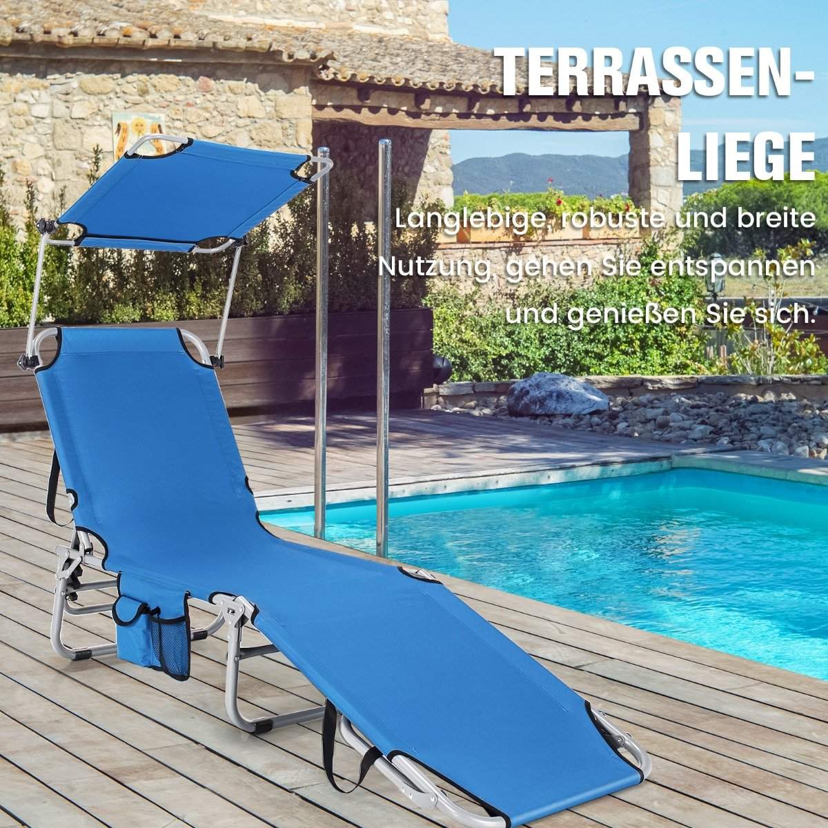 Deck chair folding beach lounger for outdoors blue