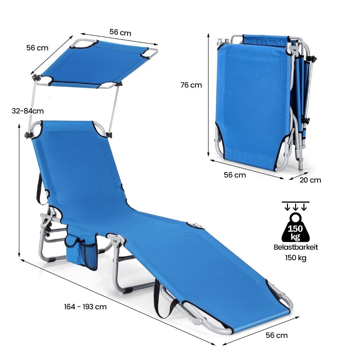 Deck chair folding beach lounger for outdoors blue