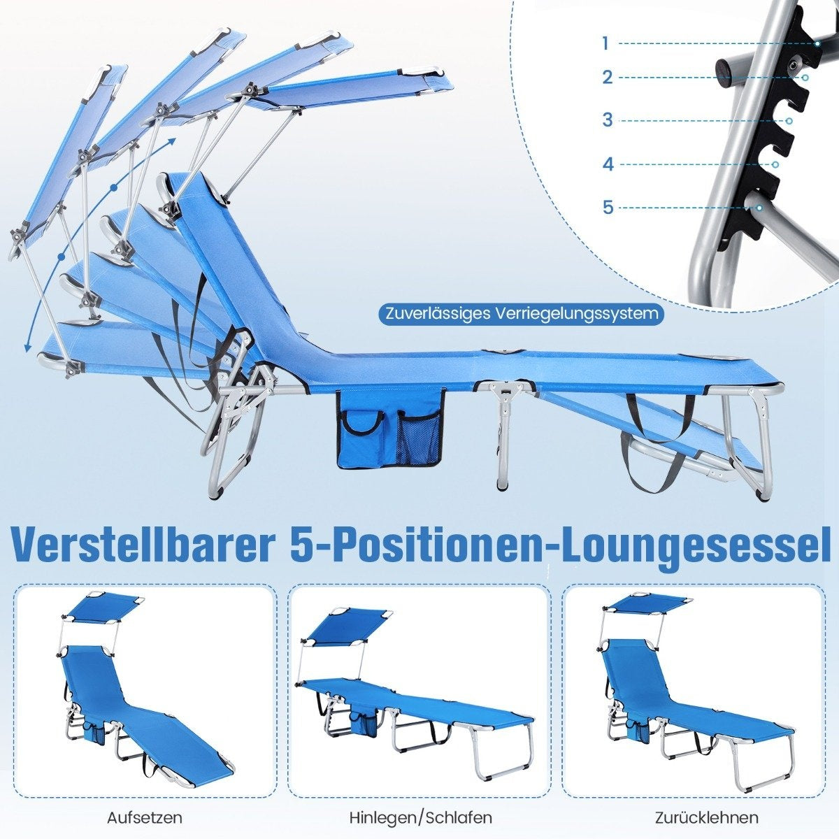 Deck chair folding beach lounger for outdoors blue