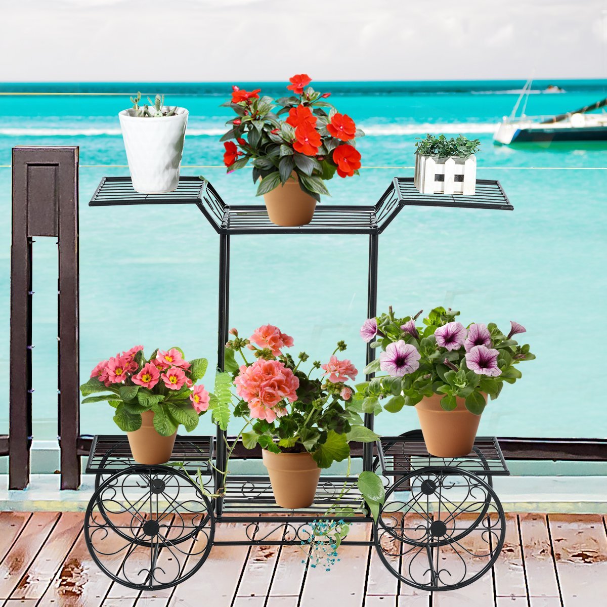 Decorative flower stand, plant stand with 6 shelves, free-standing flower cart for indoor and outdoor use, metal, black, 80.5 x 25 x 75