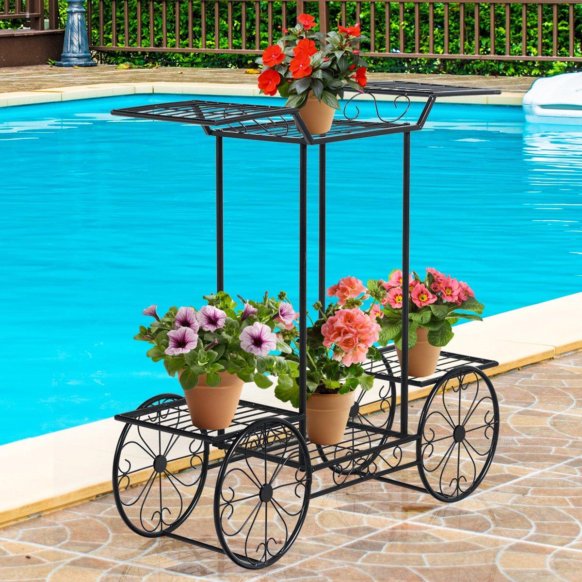 Decorative flower stand, plant stand with 6 shelves, free-standing flower cart for indoor and outdoor use, metal, black, 80.5 x 25 x 75