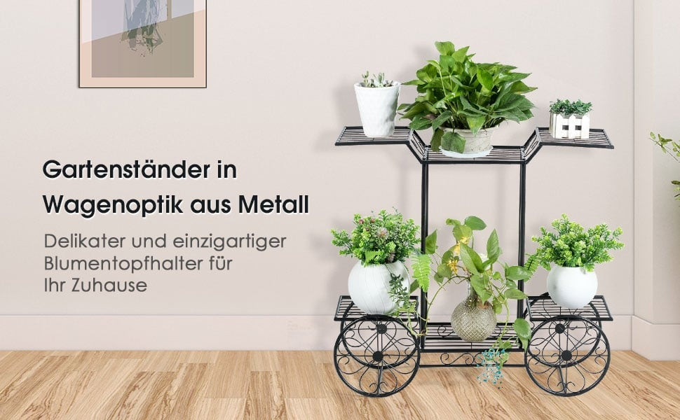 Decorative flower stand, plant stand with 6 shelves, free-standing flower cart for indoor and outdoor use, metal, black, 80.5 x 25 x 75