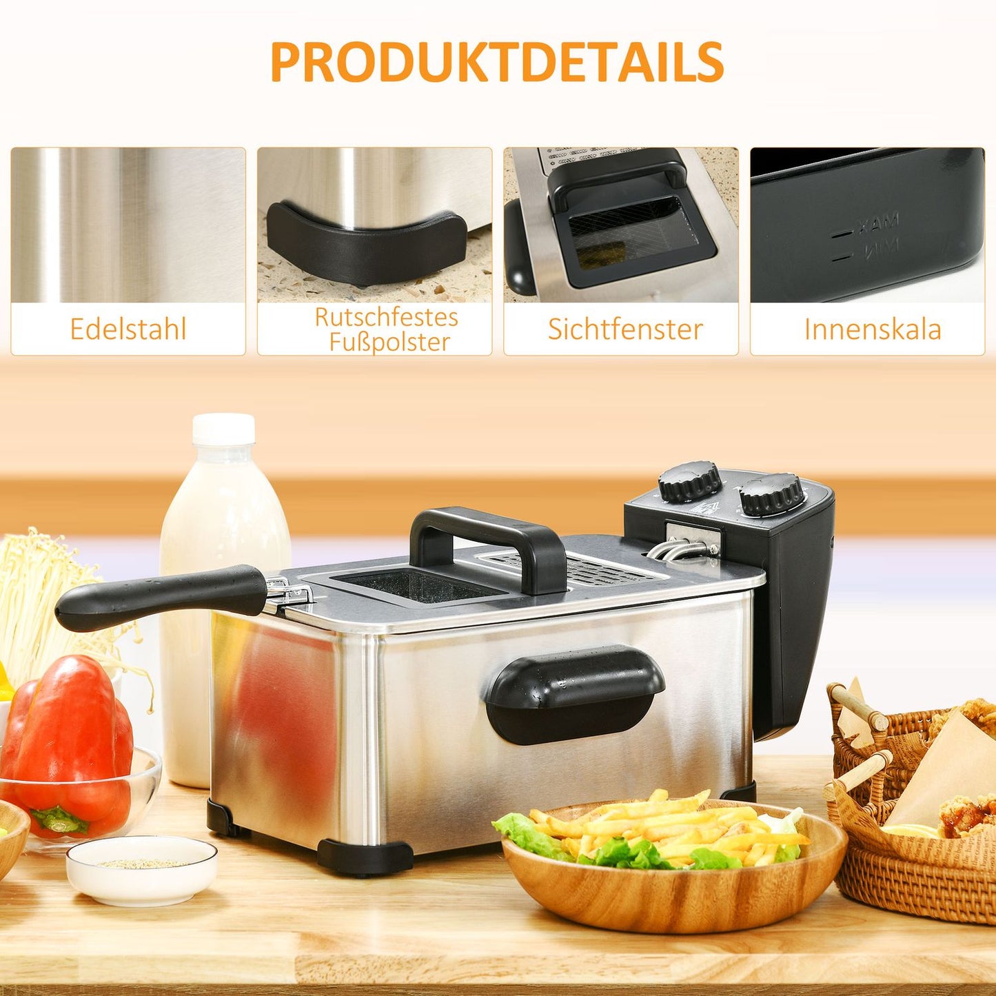 Deep fryer, 3 liters, 2,000W power, transparent lid, cool handle, black