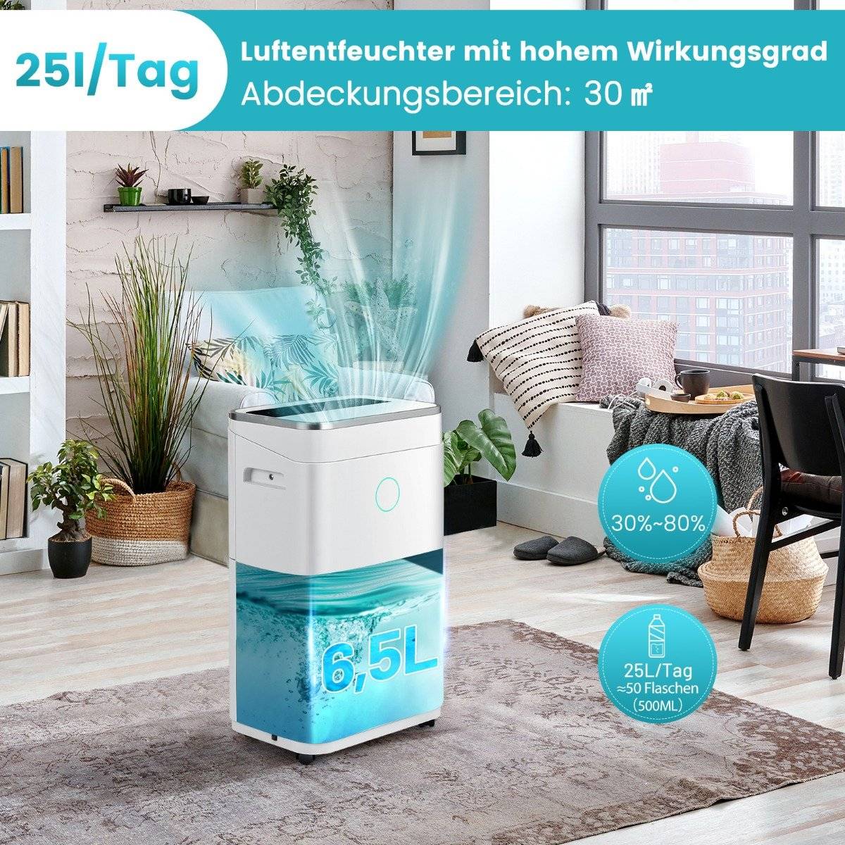 Dehumidifier with 6.5 L water tank for up to 30 - 25 L / day