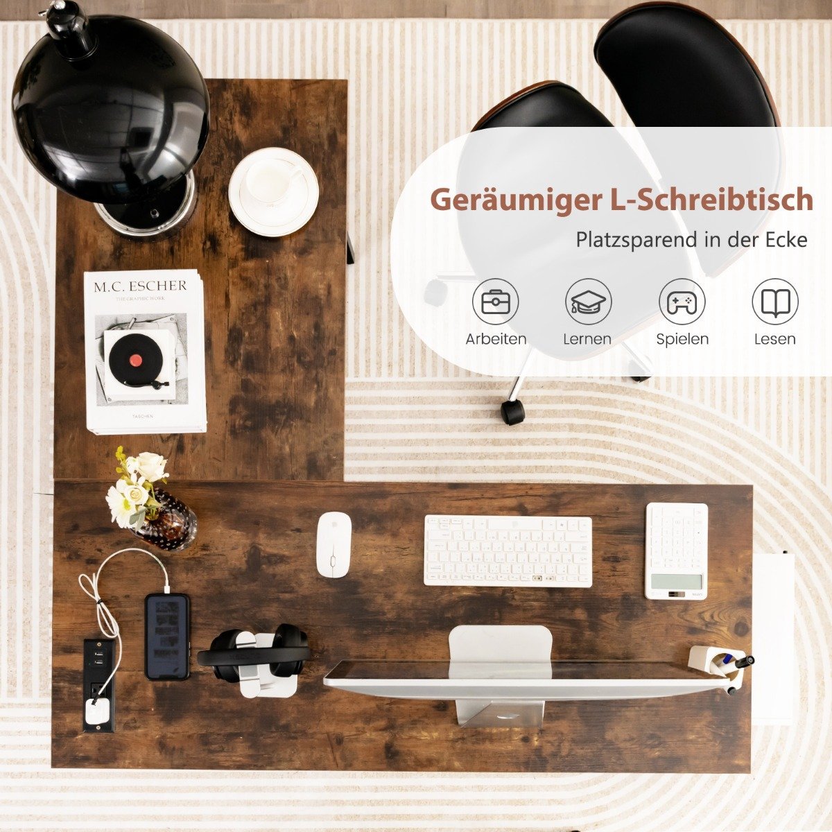 Desk L-Shape Corner Desk with Sockets & USB ports 120 x 120 x 75 cm rustic brown