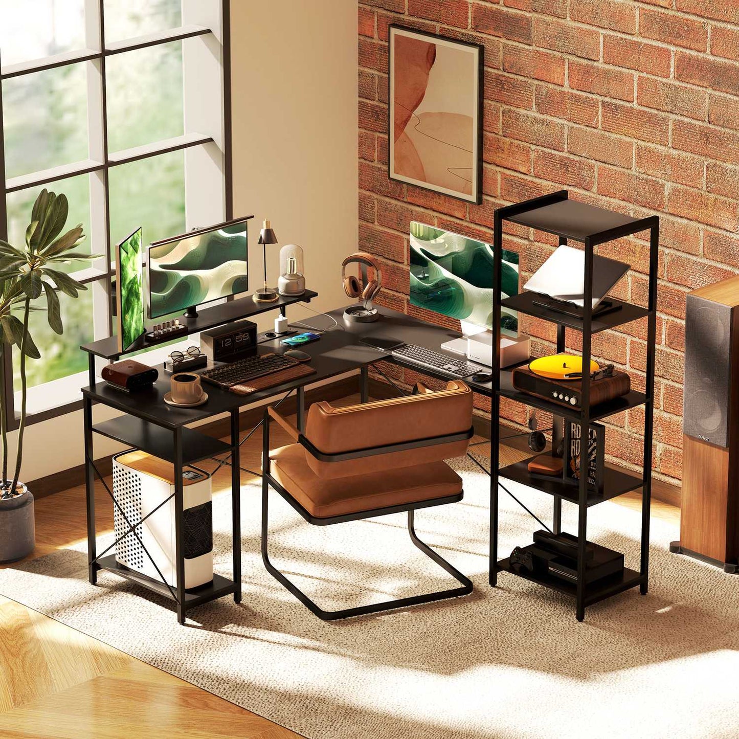 L-shaped office desk with storage shelves and USB port
