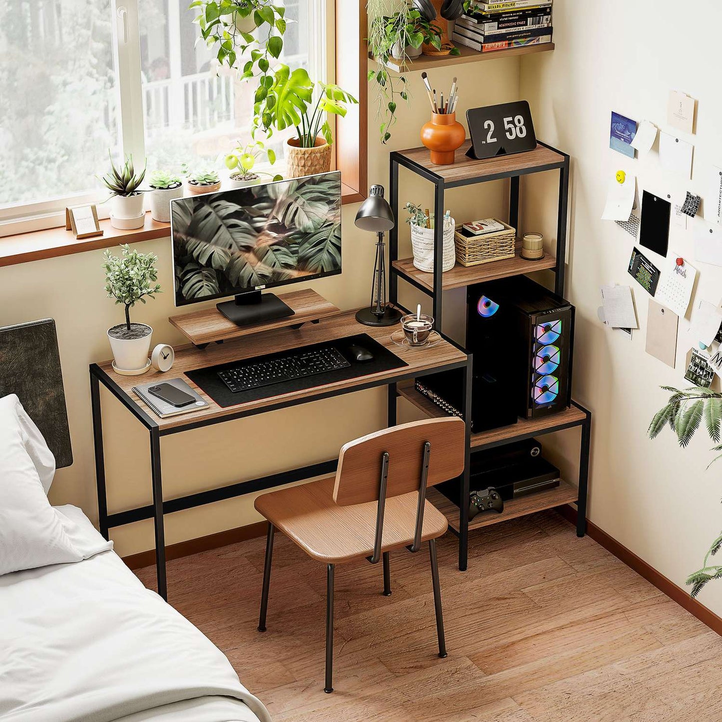 Brown desk with monitor and CPU stand, 4 shelves - 150x48x125 cm