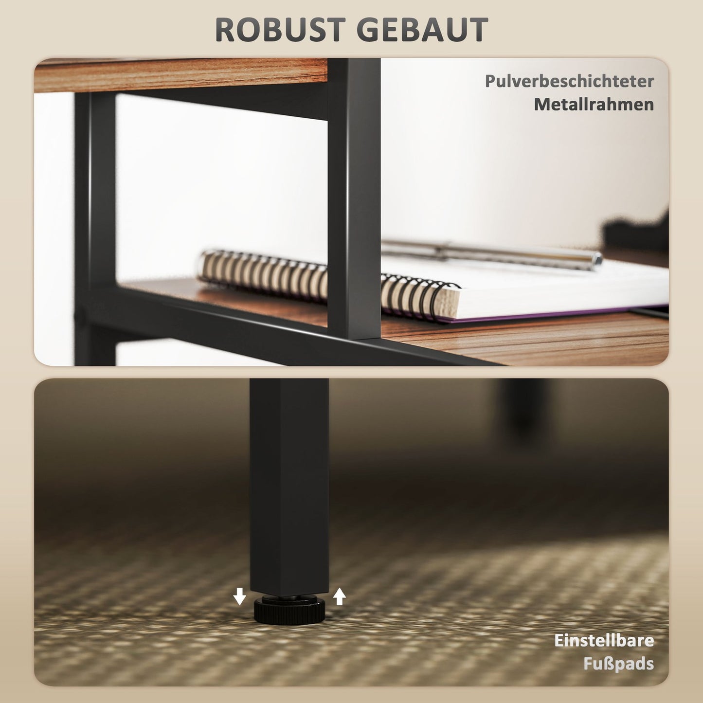 Brown desk with monitor and CPU stand, 4 shelves - 150x48x125 cm