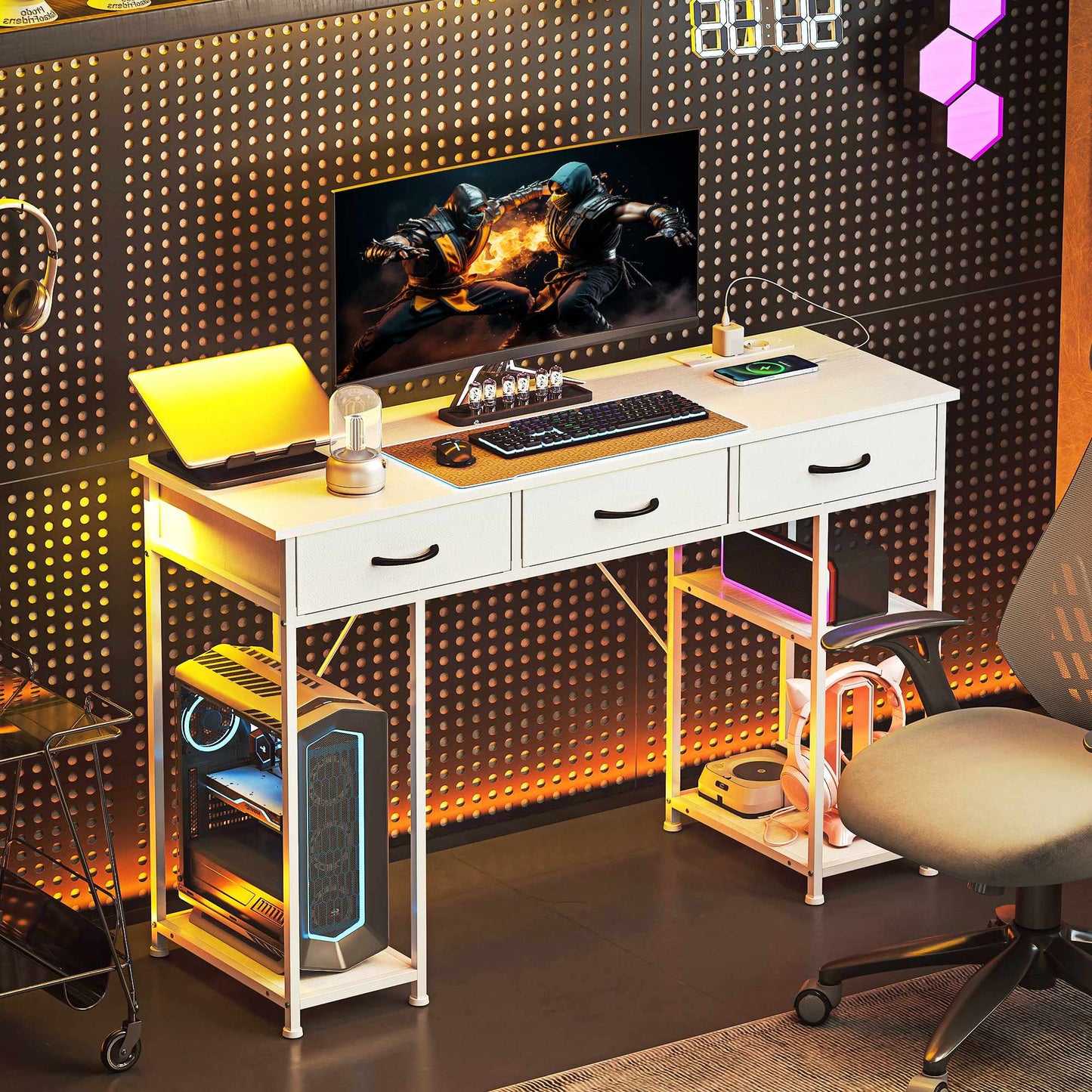 Desk with Charging Station, Storage Drawers, and Shelves