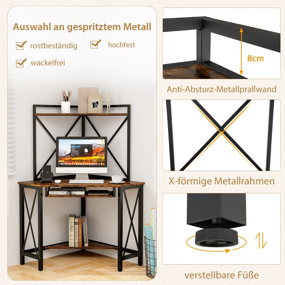 Desk with charging station corner computer table with keyboard shelf & 2 shelves 113 x 75 x 145 cm Rustic brown + black