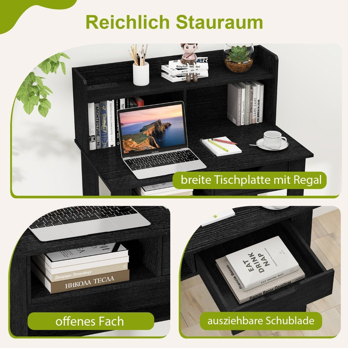 Desk with sockets Small computer desk with attachment 95 x 56 x 109.5 cm Black