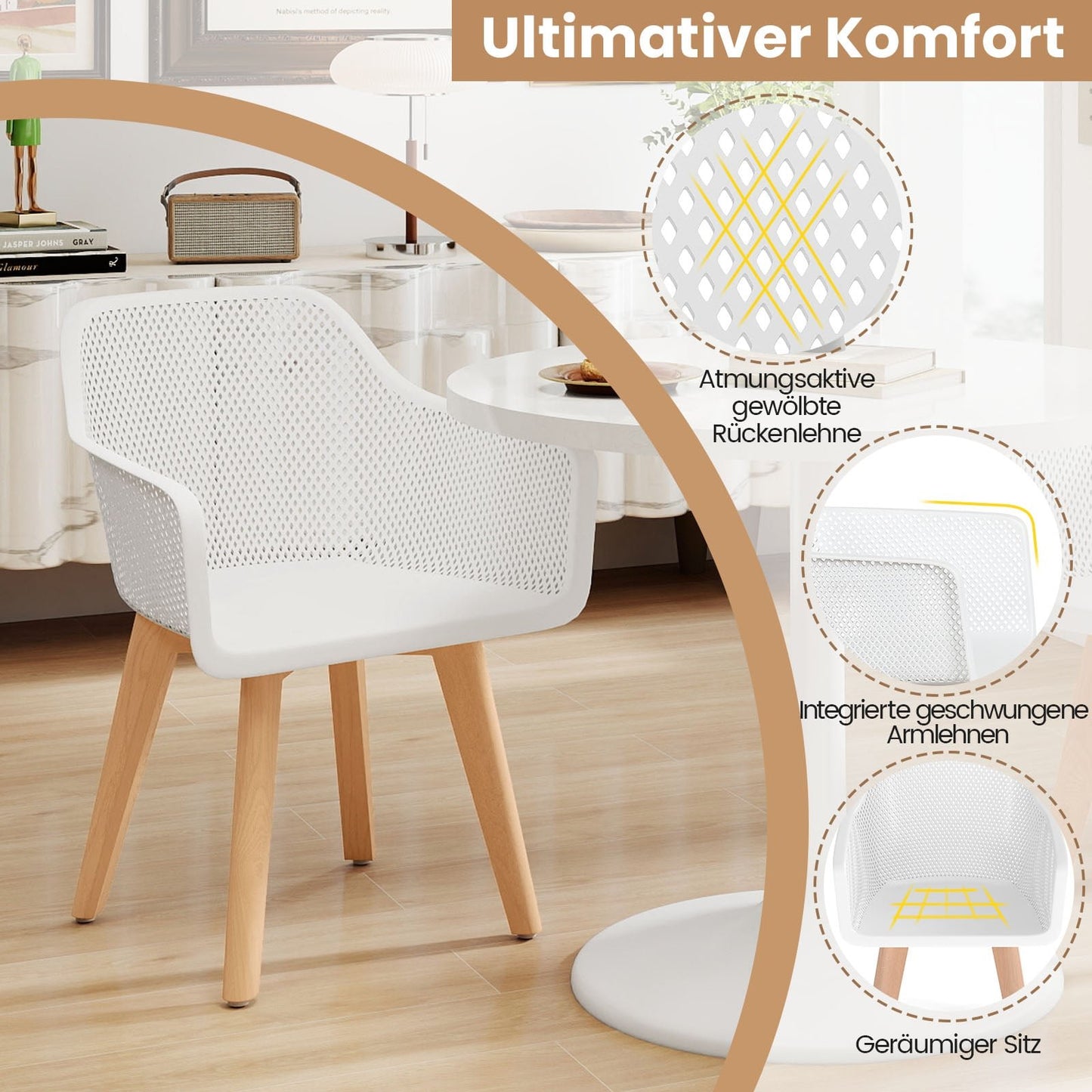 Dining Chairs Set of 2, White, Wood Legs, Ergonomic Back