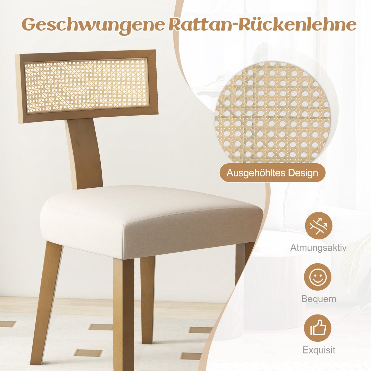 Dining Chair with Rattan Back, Padded Seat & Wood Legs