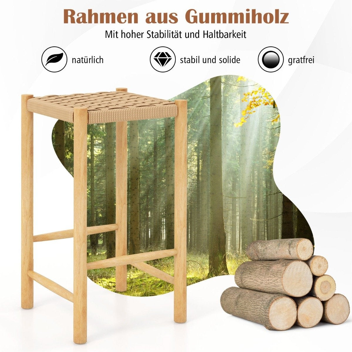Dining Room Bar Stool Set Rubberwood Frame & Braided Paper Seat Rustic Bar Stool in Counter Height 65cm