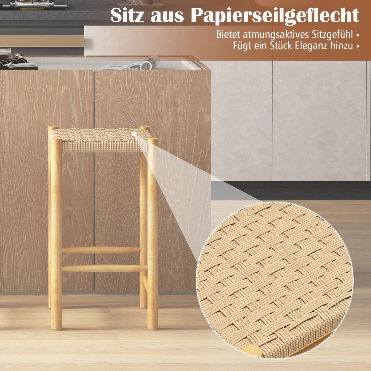 Dining Room Bar Stool Set Rubberwood Frame & Braided Paper Seat Rustic Bar Stool in Counter Height 65cm