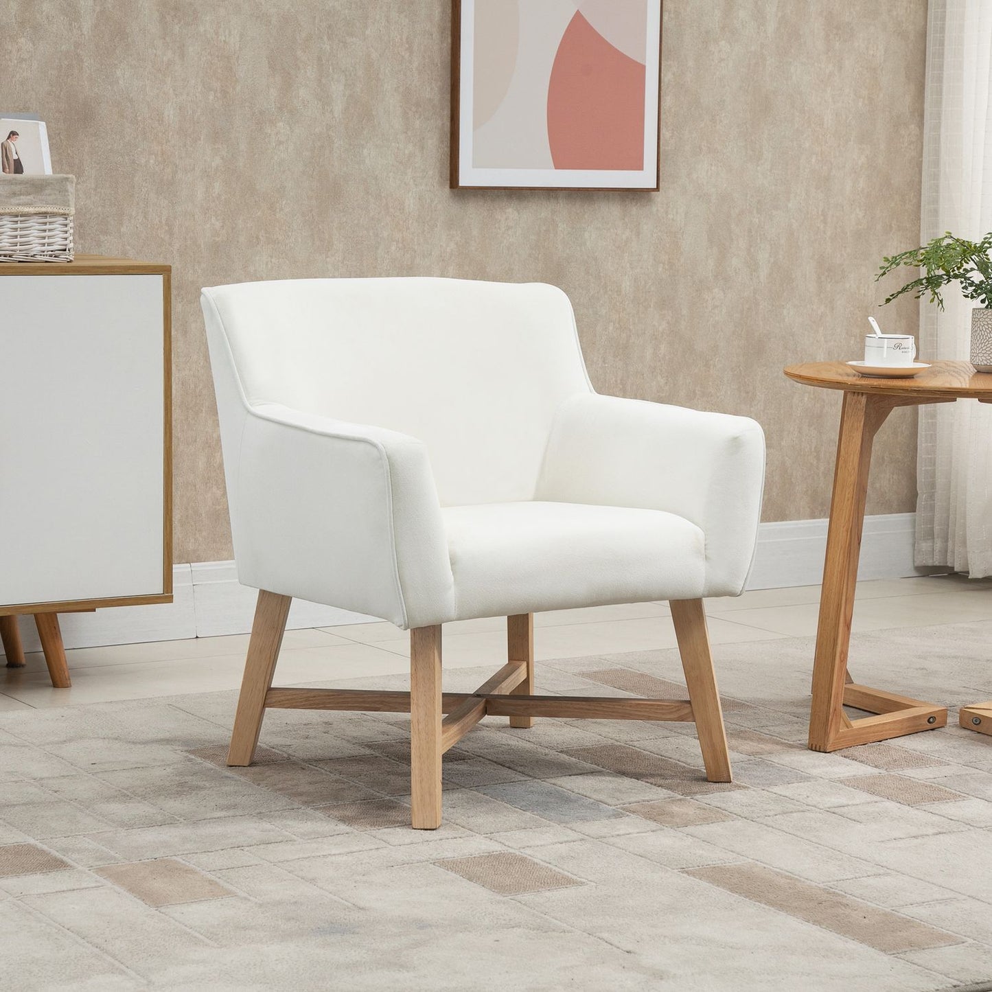 Modern dining chair in cream velvet with armrests, wooden frame