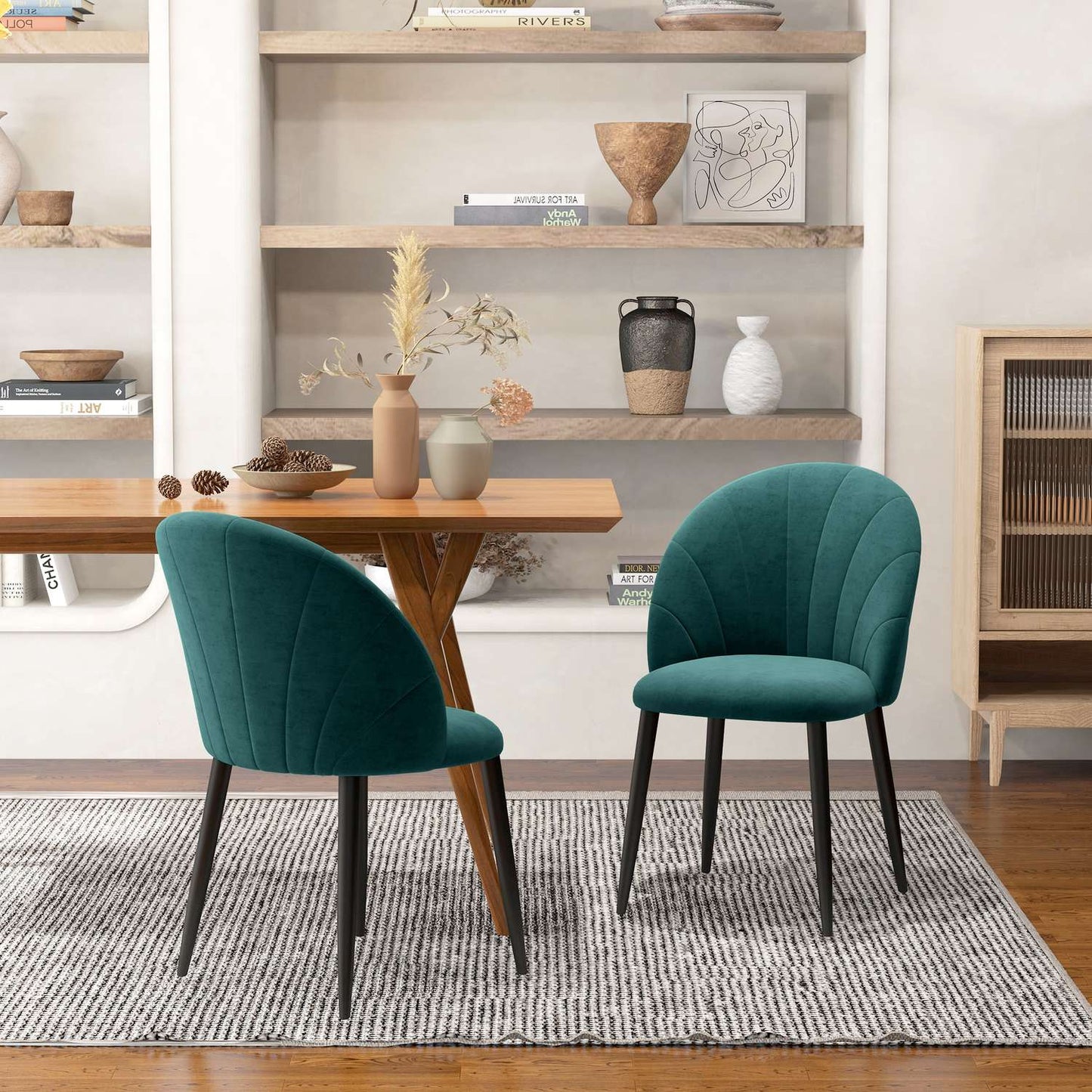 Modern dining chairs in green velvet, set of 2, upholstered