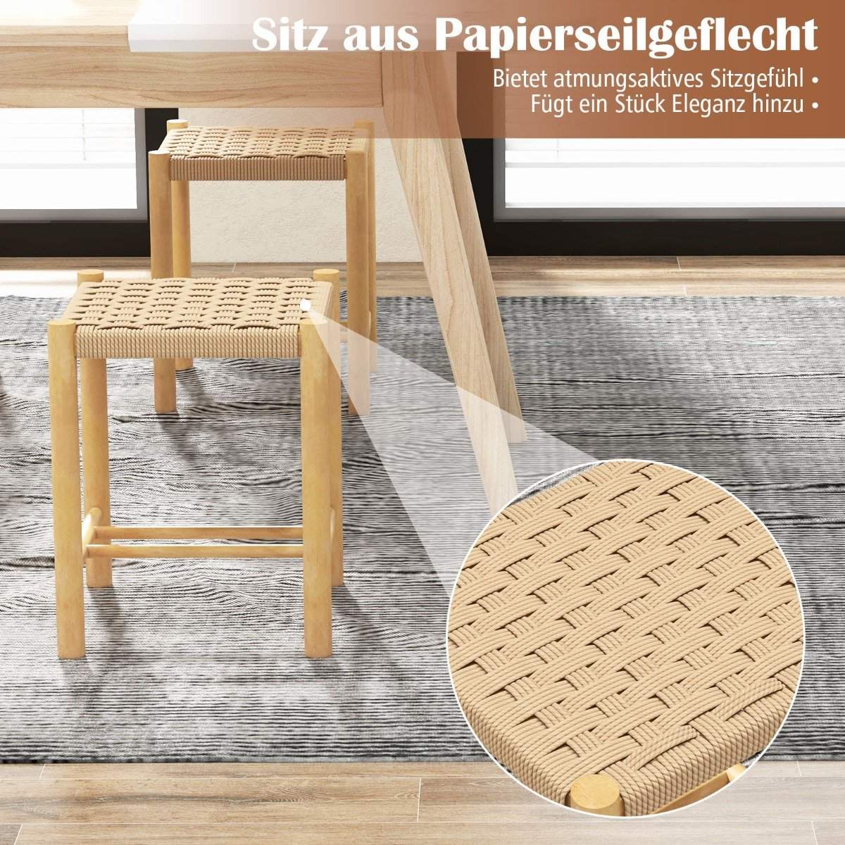 Dining Stool Set Rubberwood Frame & Braided Paper Seat 36 x 36 x 45 cm