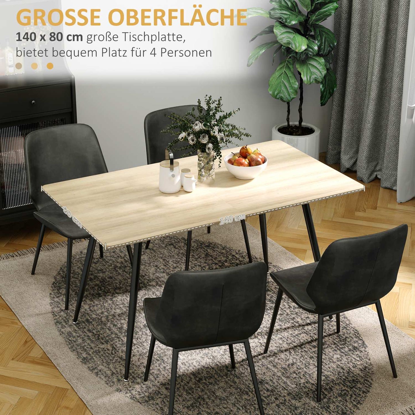 Modern dining table for 4, black wooden look, steel legs