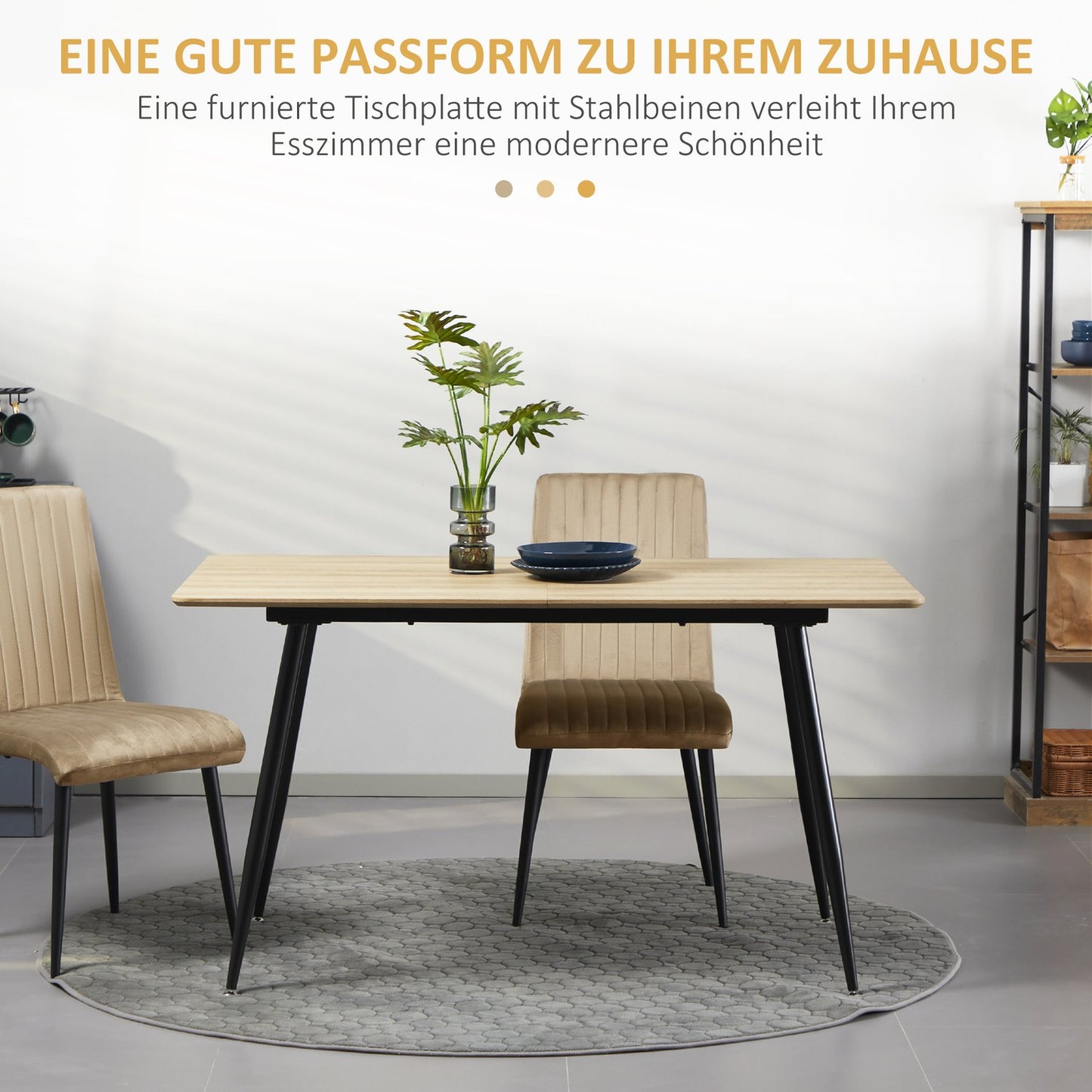 Modern dining table for 4, black wooden look, steel legs