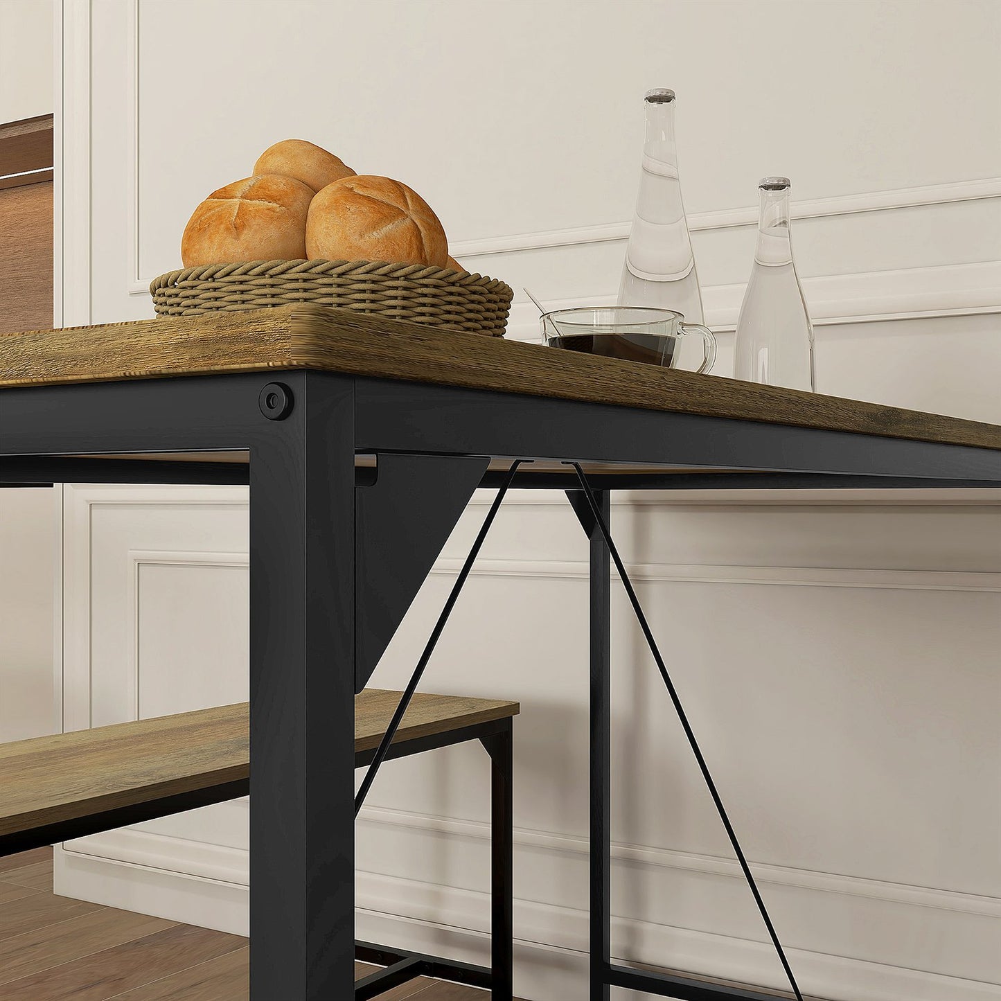Dining table set with 2 benches for 4 - Natural finish