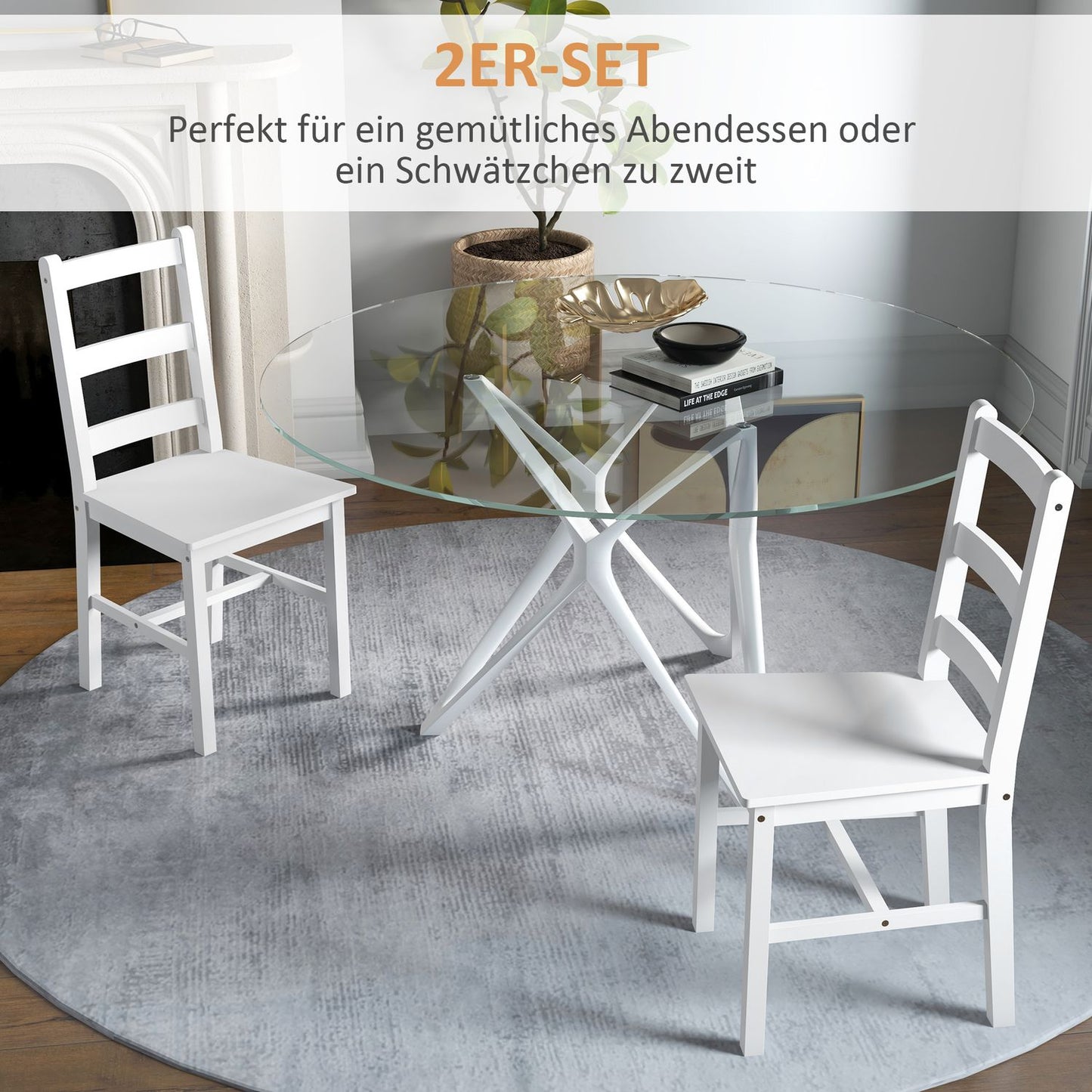 Dining room chairs set of 2 wooden kitchen chairs with slatted backrest, non-slip 41.5 x 46 x 90 cm white