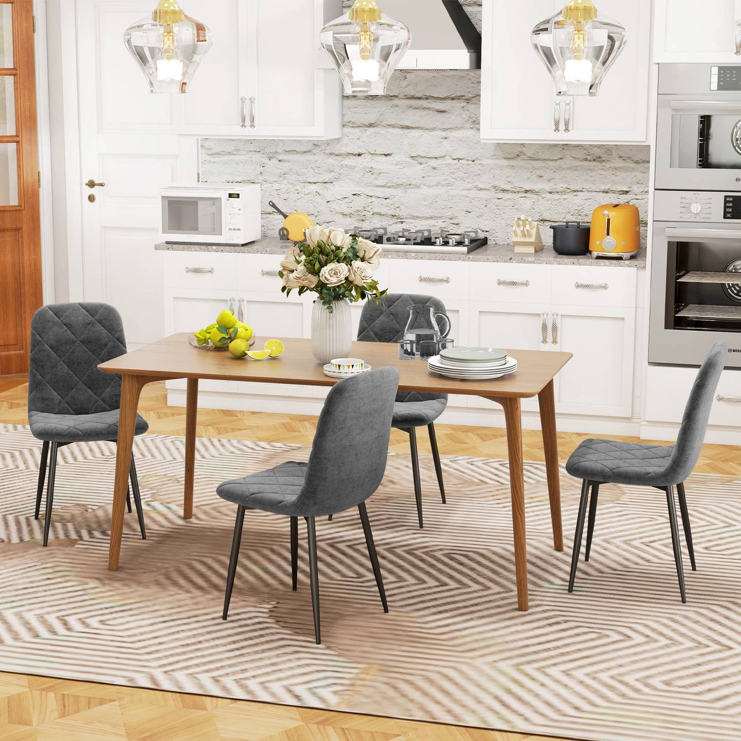 Dining room chairs, set of 4 kitchen chairs with backrest, velvet look, upholstered chairs with metal legs, for dining table, grey