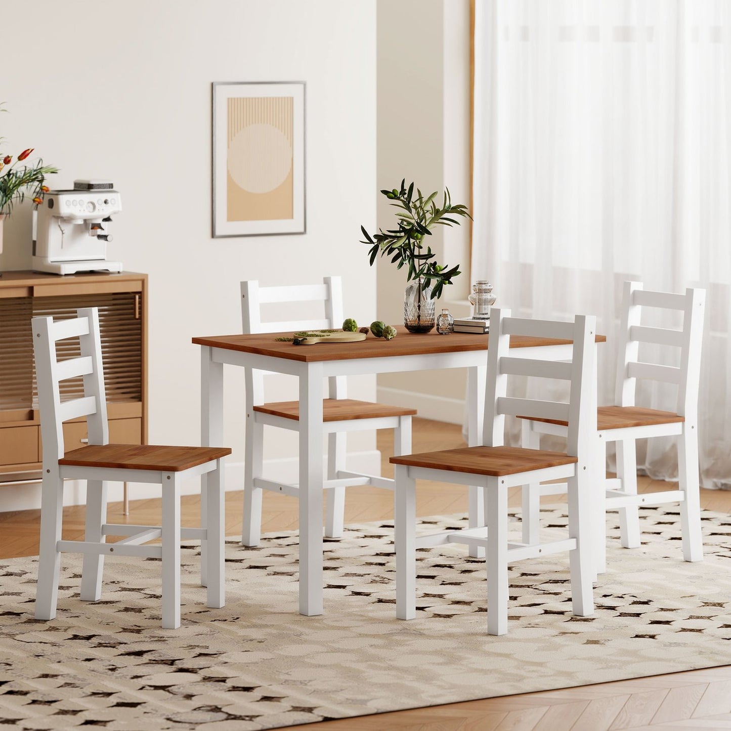 Dining set, dining table, 4 chairs, dining room set, pinewood, brown+white