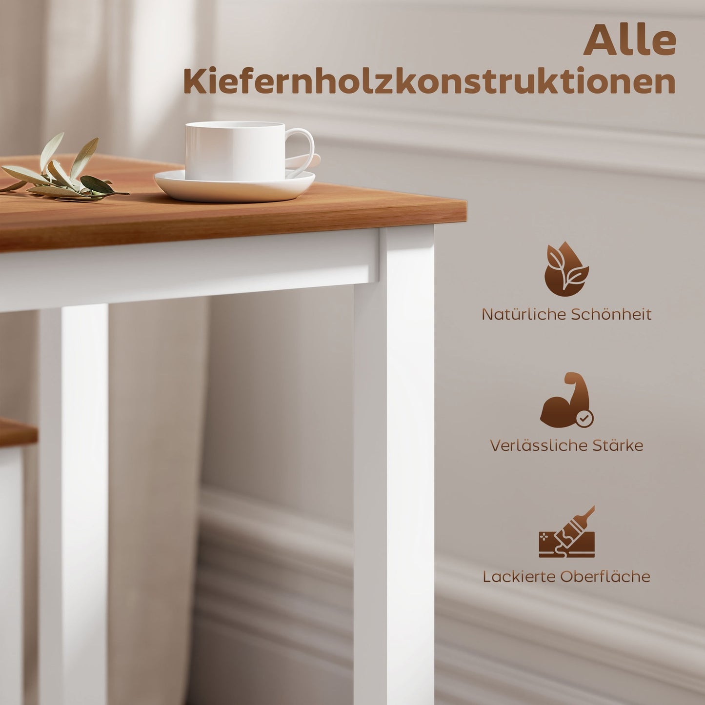 Dining set, dining table, 4 chairs, dining room set, pinewood, brown+white