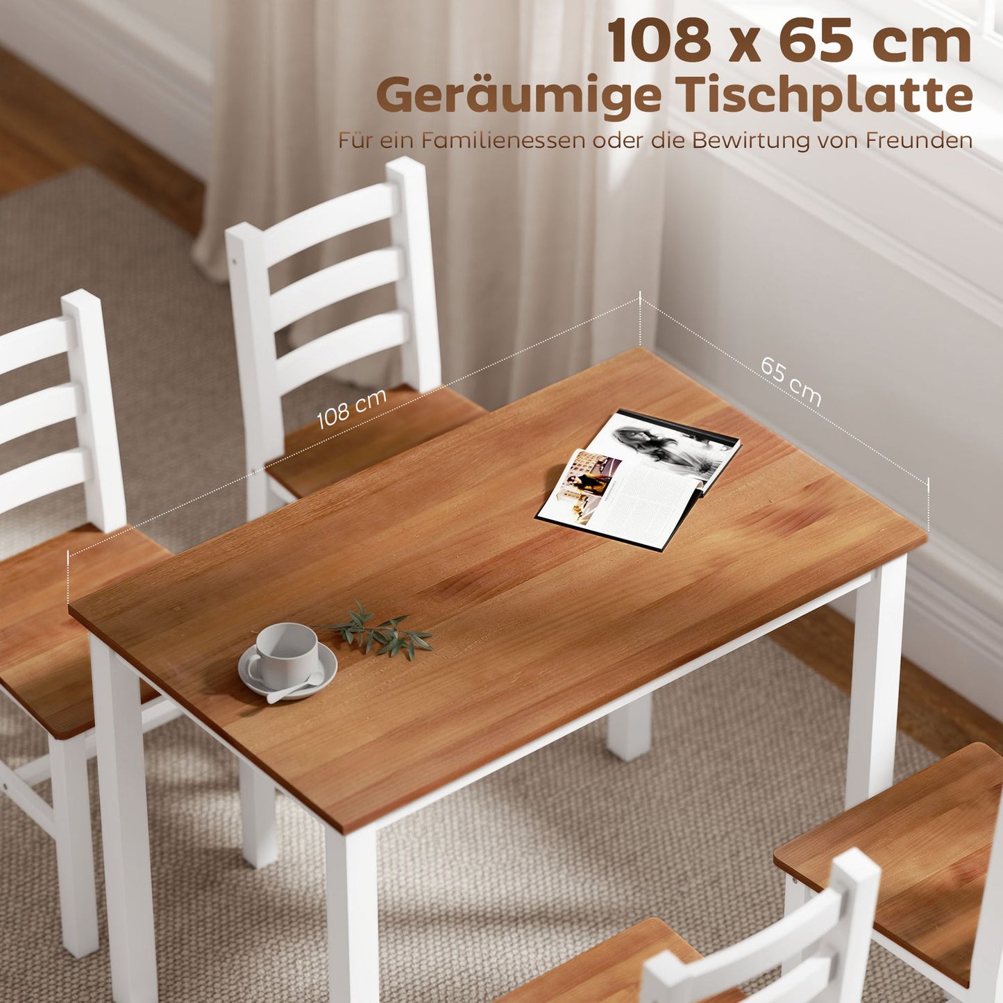 Dining set, dining table, 4 chairs, dining room set, pinewood, brown+white