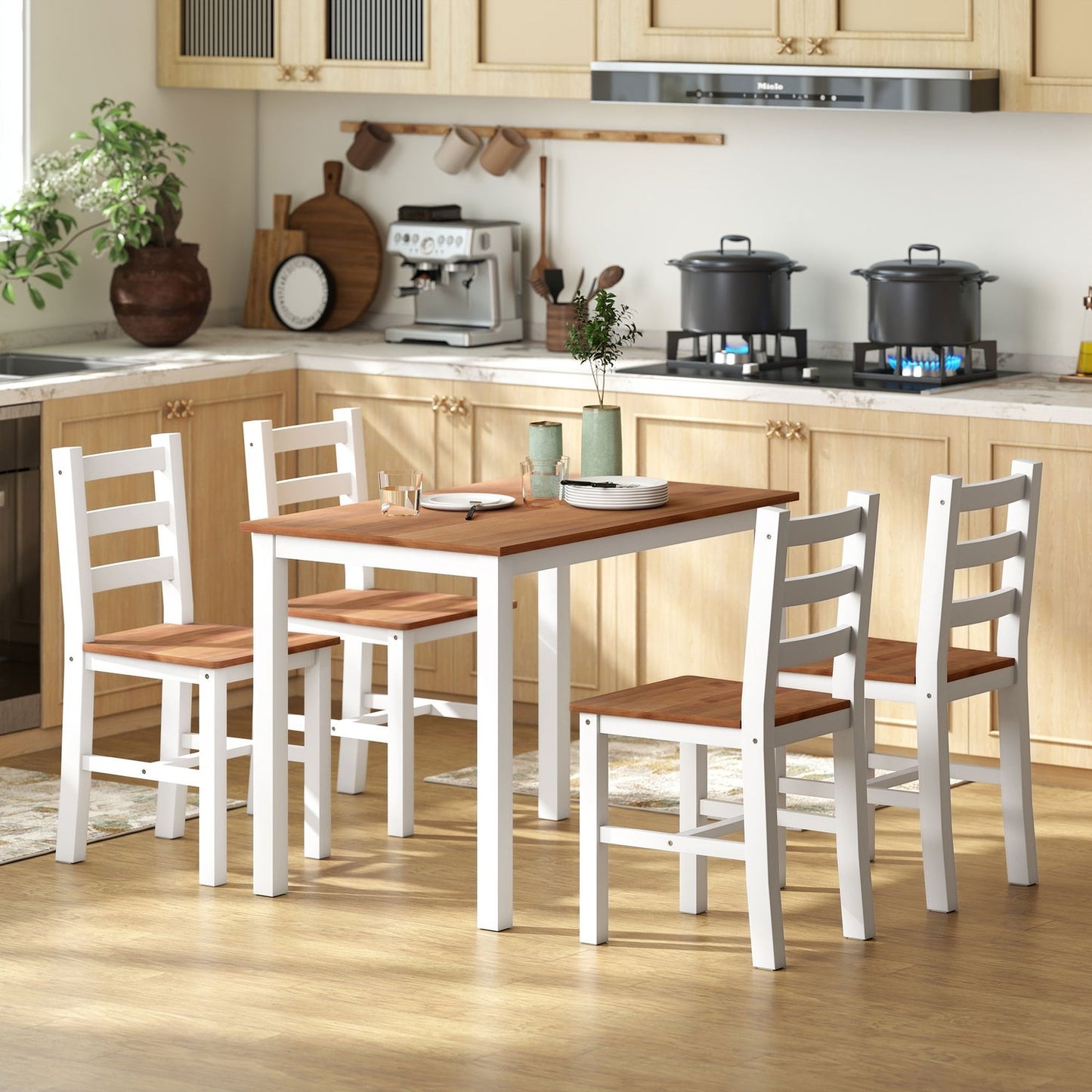 Dining set, dining table, 4 chairs, dining room set, pinewood, brown+white