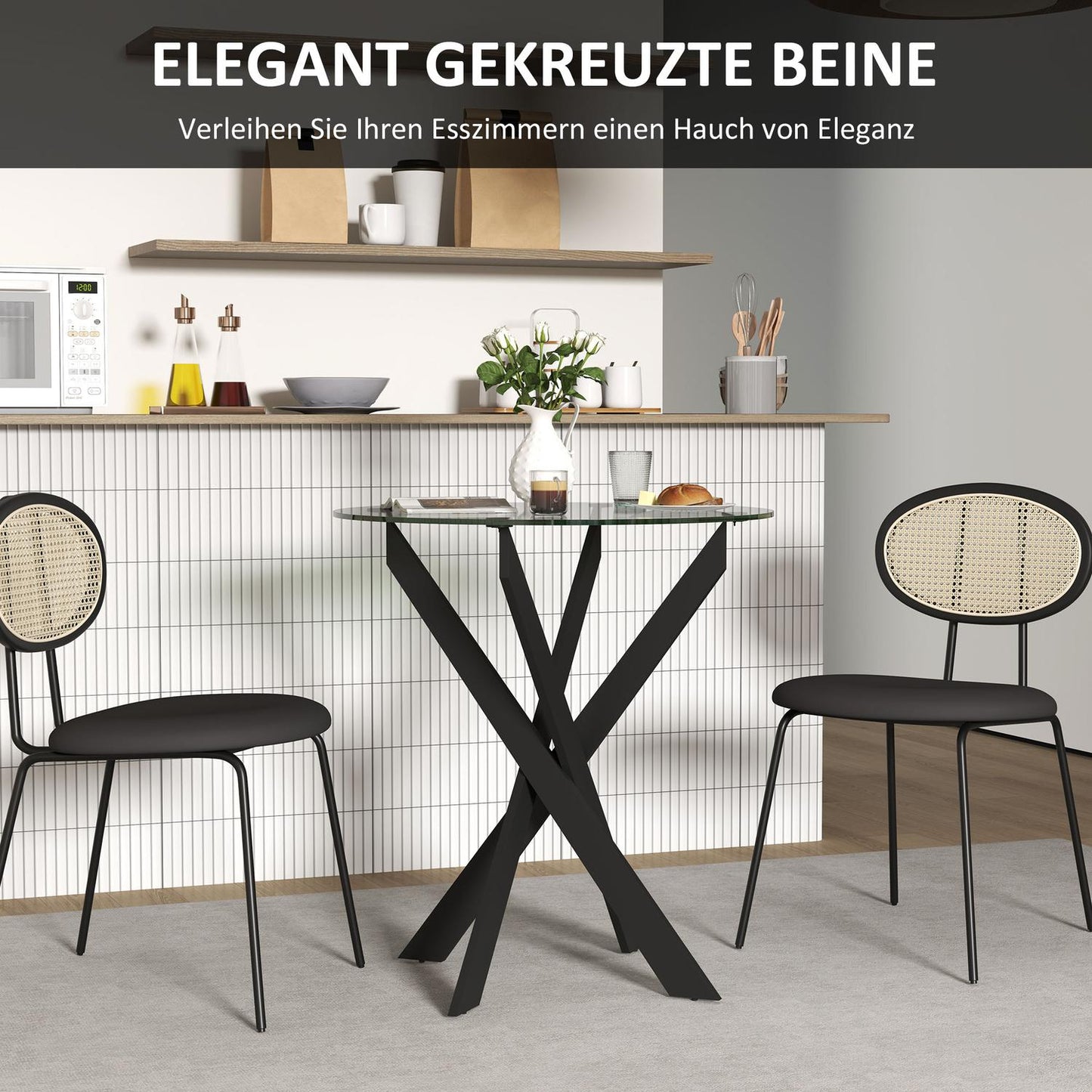 Round dining table for 4 - Glass top & steel legs, Ø70 cm