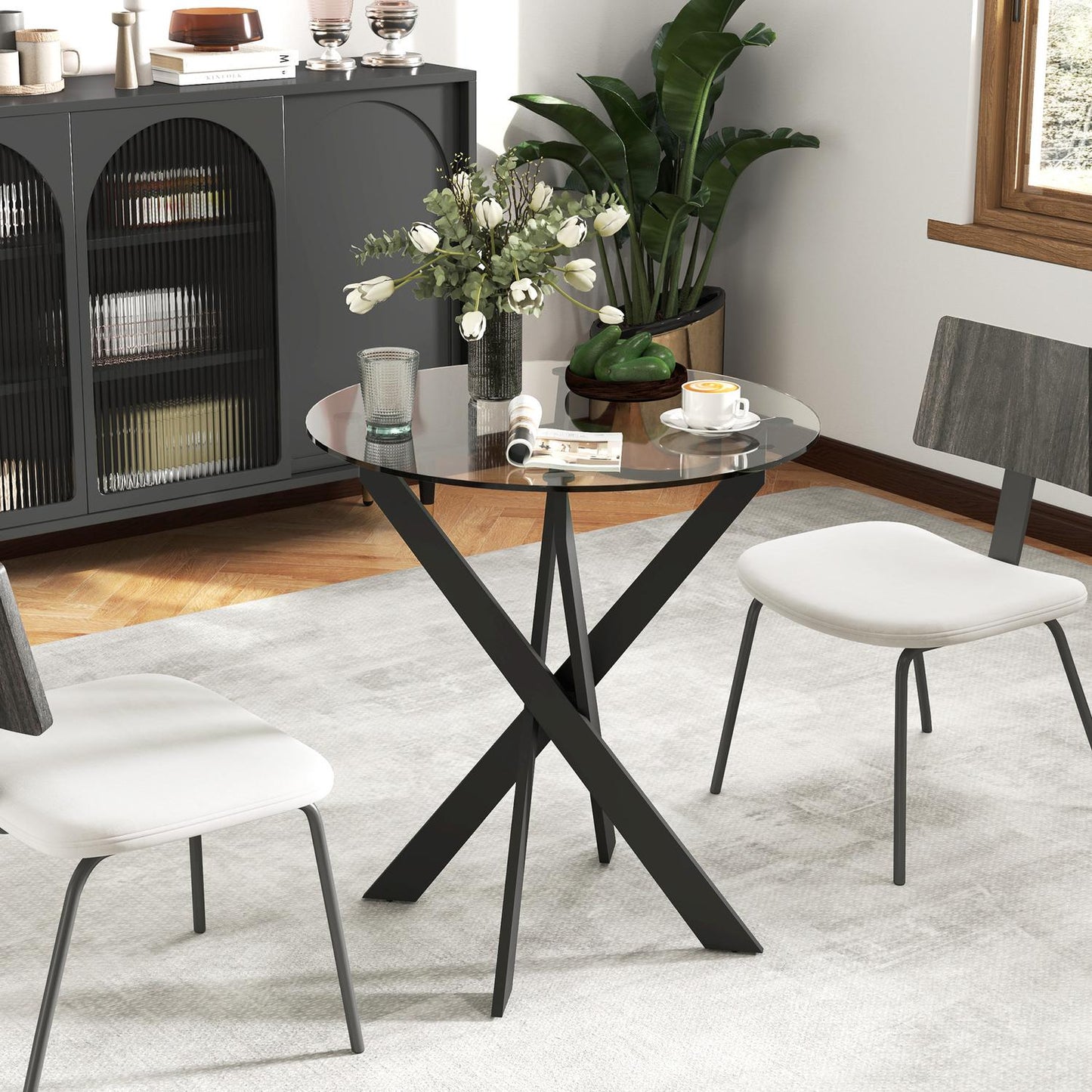 Round dining table for 4 - Glass top & steel legs, Ø70 cm
