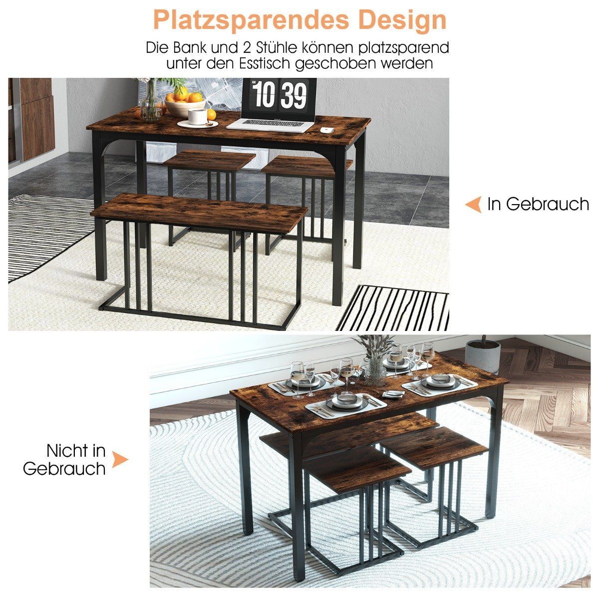 Dining table with bench & 2 stools set of 4 kitchen table industrial dining group for kitchen 120 x 60 x 75 cm brown